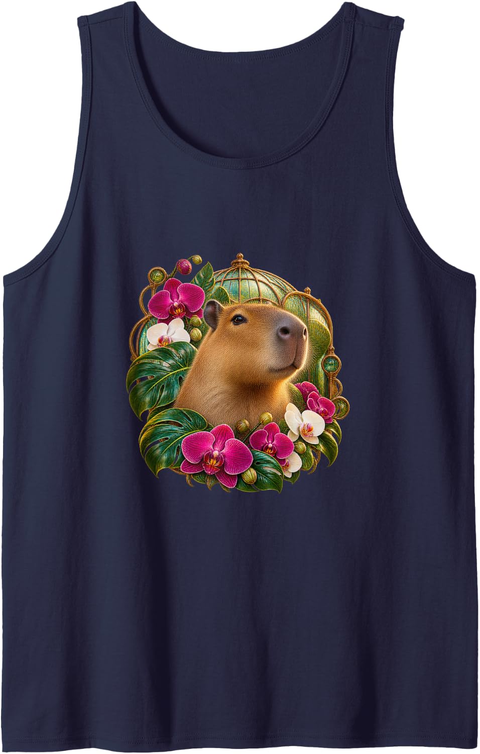 Capybara with Pink and White Orchids Sleeveless Tank Top - Navy Blue