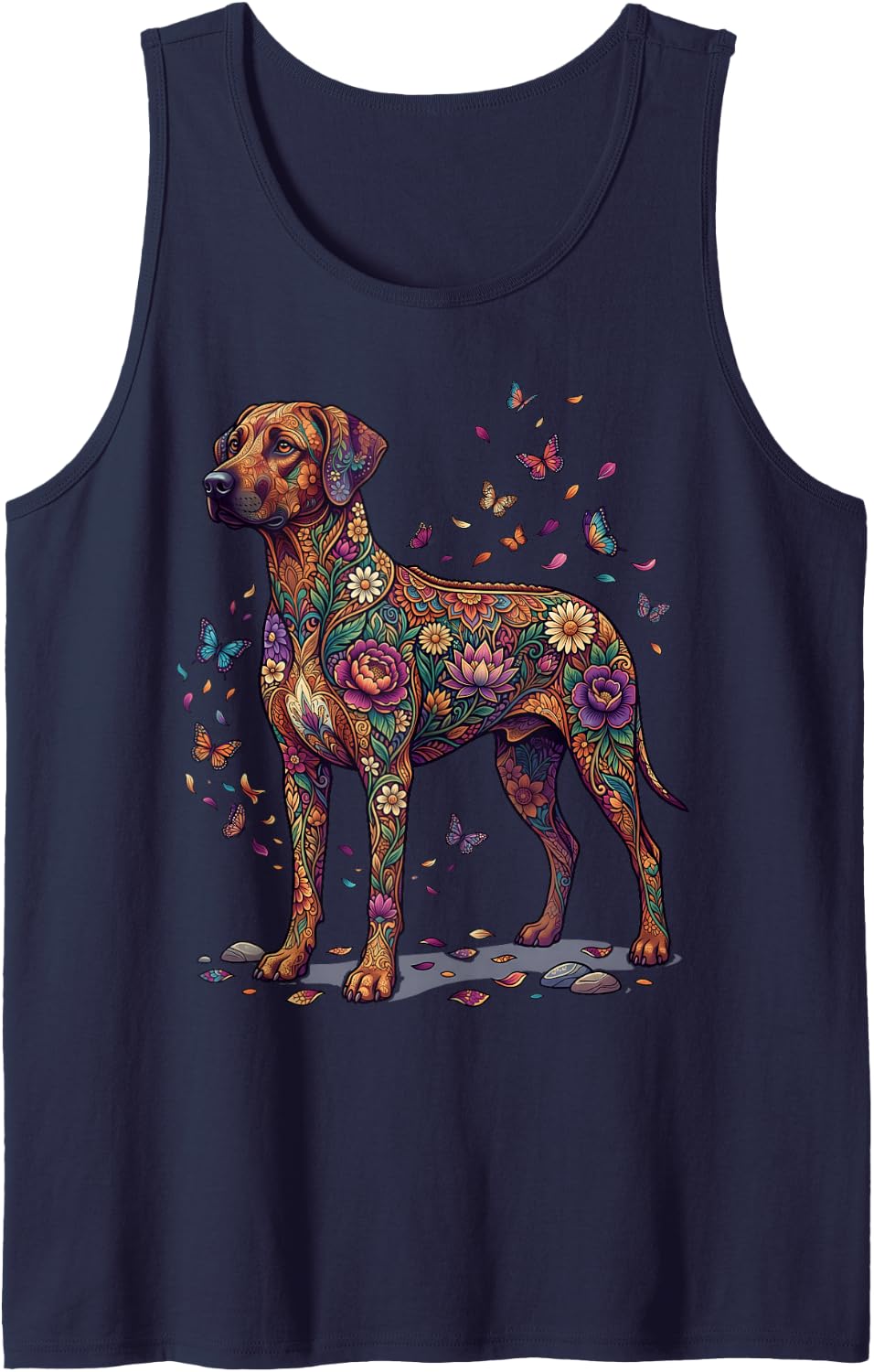 Rhodesian Ridgeback Dog Colorful Floral Butterfly Flowers Tank Top - Navy Blue