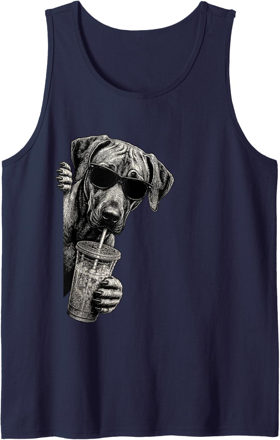 Rhodesian Ridgeback Dog Peeking Drinking Iced Coffee Humor Sleeveless Tank Top - Navy Blue