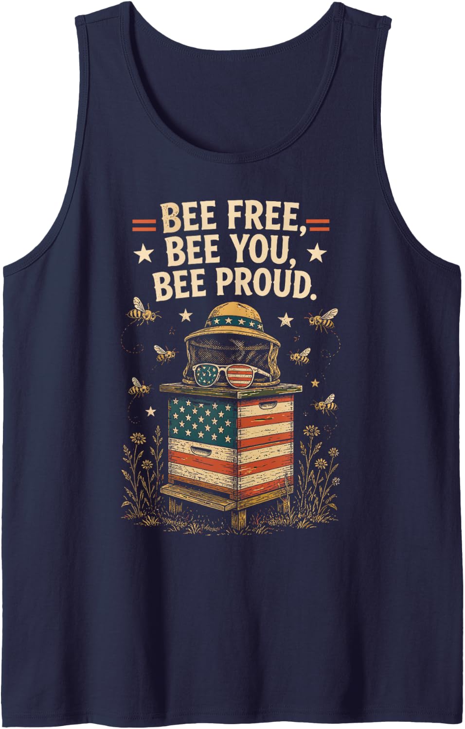 Bee Free USA Beekeeping American Flag Honey Beekeeper Sleeveless Tank Top - Navy Blue