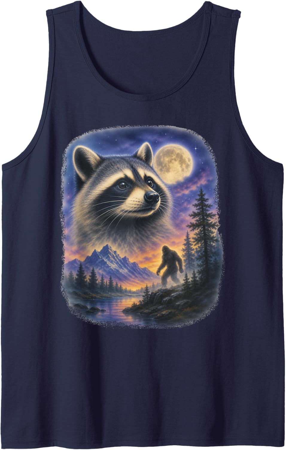 Moonlit Raccoon Bigfoot 90s Airbrush Cryptid Art Sleeveless Tank Top - Navy Blue