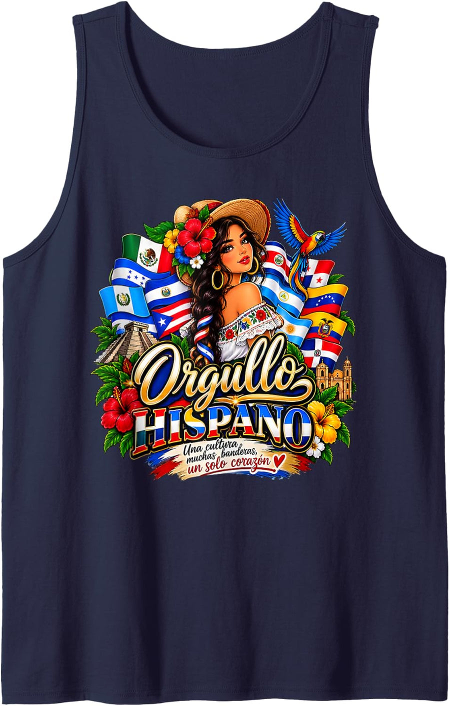 Orgullo Hispano Hispanic Heritage Pride Latino Country Flags Sleeveless Tank Top - Navy Blue