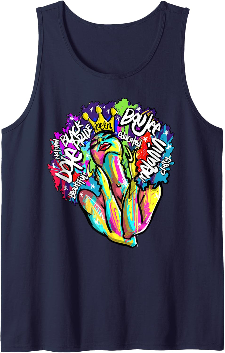 Black Queen Retro Afro Words Melanin Unapologetically Dope Tank Top - Navy Blue