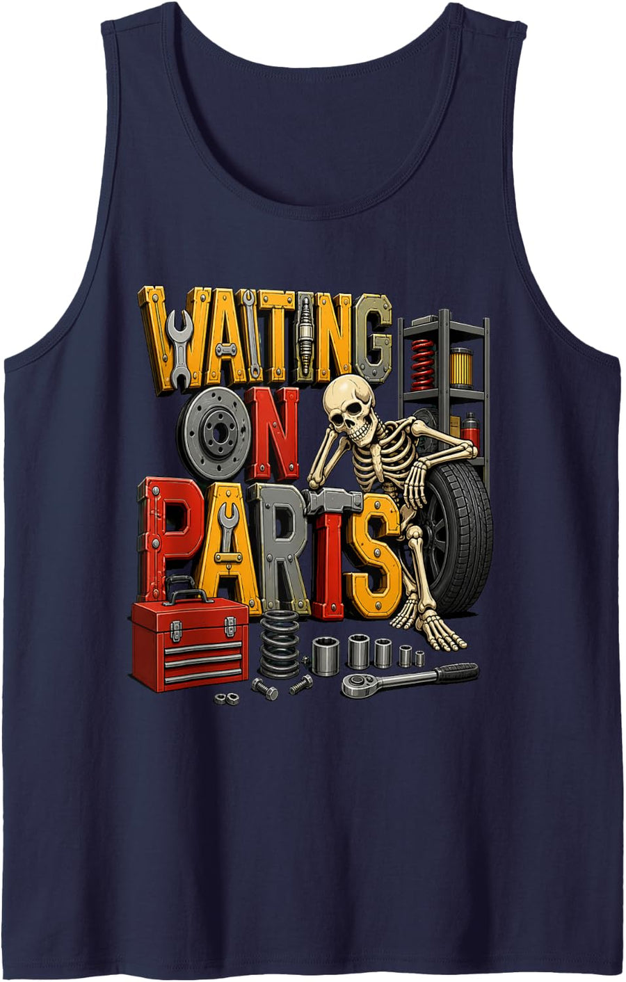 Waiting On Parts Funny Mechanic Skeleton Auto Repair Dad Men Sleeveless Tank Top - Navy Blue