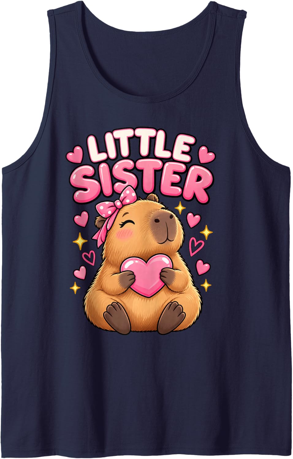 Little Sister Capybara Hugging Heart Cute Bow Sparkle Sleeveless Tank Top - Navy Blue