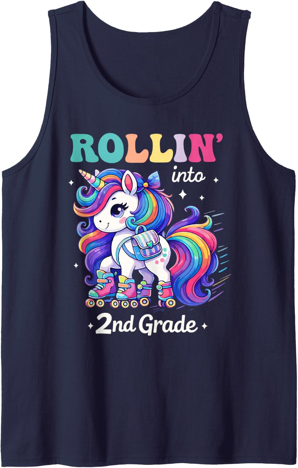 Rollin Into 2nd Second Grade Unicorn Back to School Girls Sleeveless Tank Top - Navy Blue