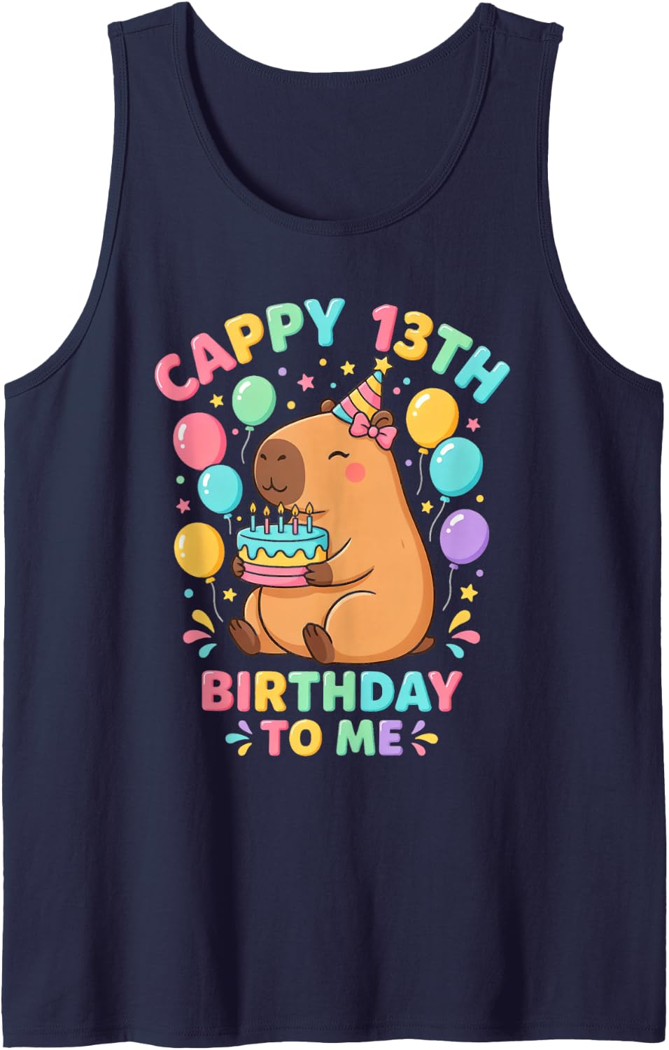 Capybara 13th Birthday Cappy Birthday to Me Balloons Cake Sleeveless Tank Top - Navy Blue