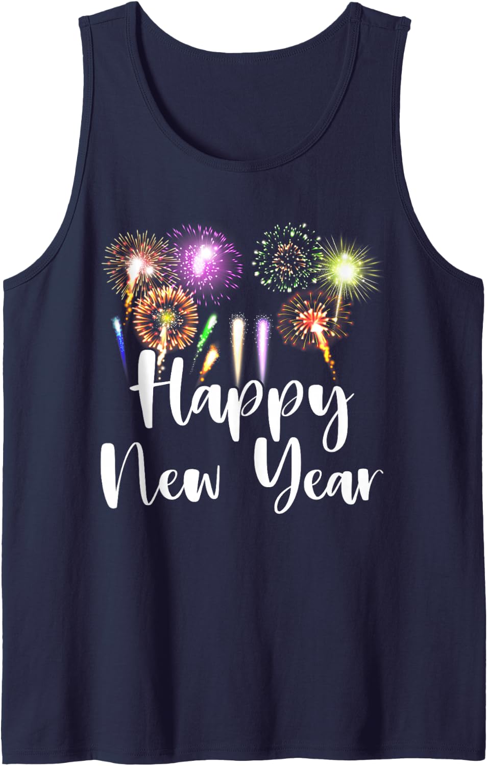 Happy New Year 2025 Fireworks Display with Bright Sparkling Sleeveless Tank Top - Navy Blue