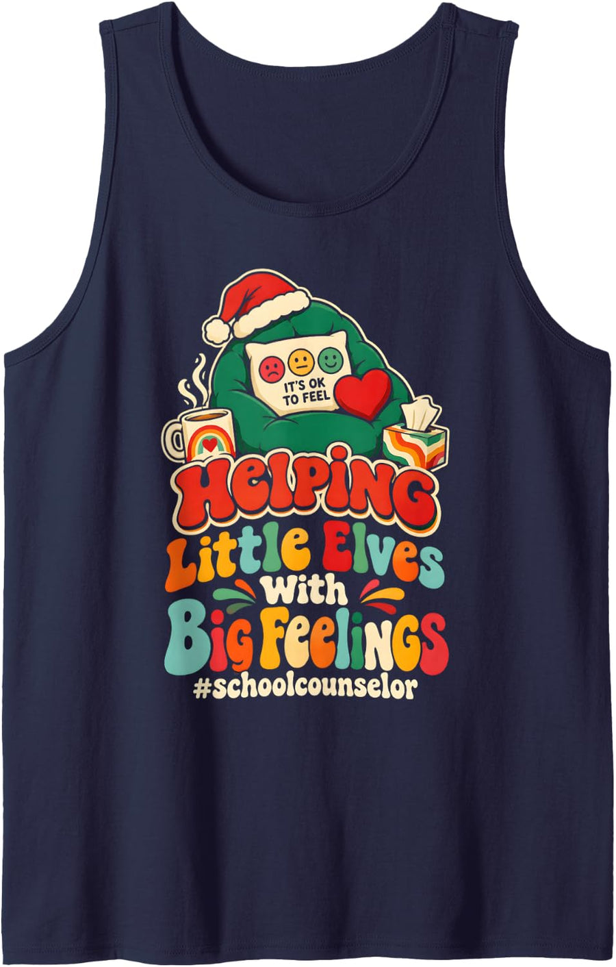 Helping Little Elves Big Feelings School Counselor Christmas Sleeveless Tank Top - Navy Blue
