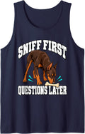 Doberman Sniff First Questions Later Dog Parent Humor Sleeveless Tank Top - Navy Blue