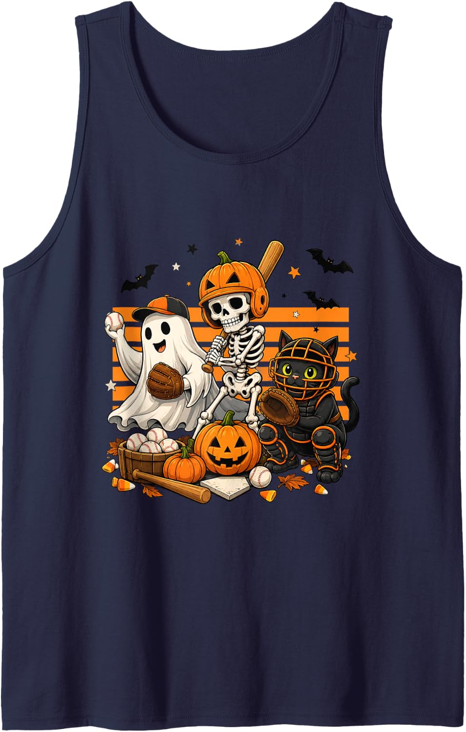 Halloween Baseball Ghost Skeleton Black Cat Pumpkin Sports Sleeveless Tank Top - Navy Blue