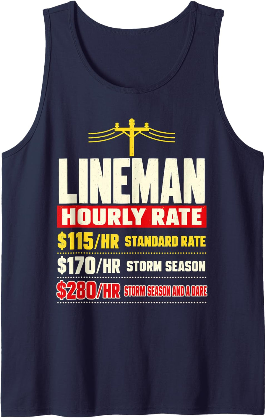 Funny Lineman Hourly Rate Storm Season Power Pole Sleeveless Tank Top - Navy Blue