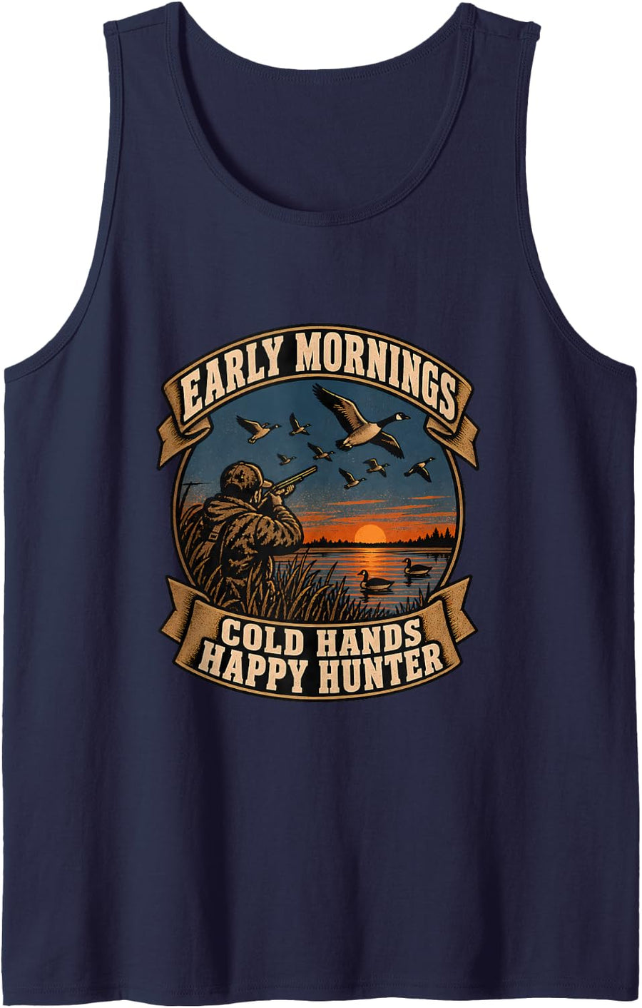 Early Mornings Cold Hands Happy Hunter Sleeveless Tank Top - Navy Blue