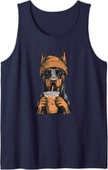 Funny Doberman Hipster Dog Drinking Iced Coffee Sleeveless Tank Top - Navy Blue