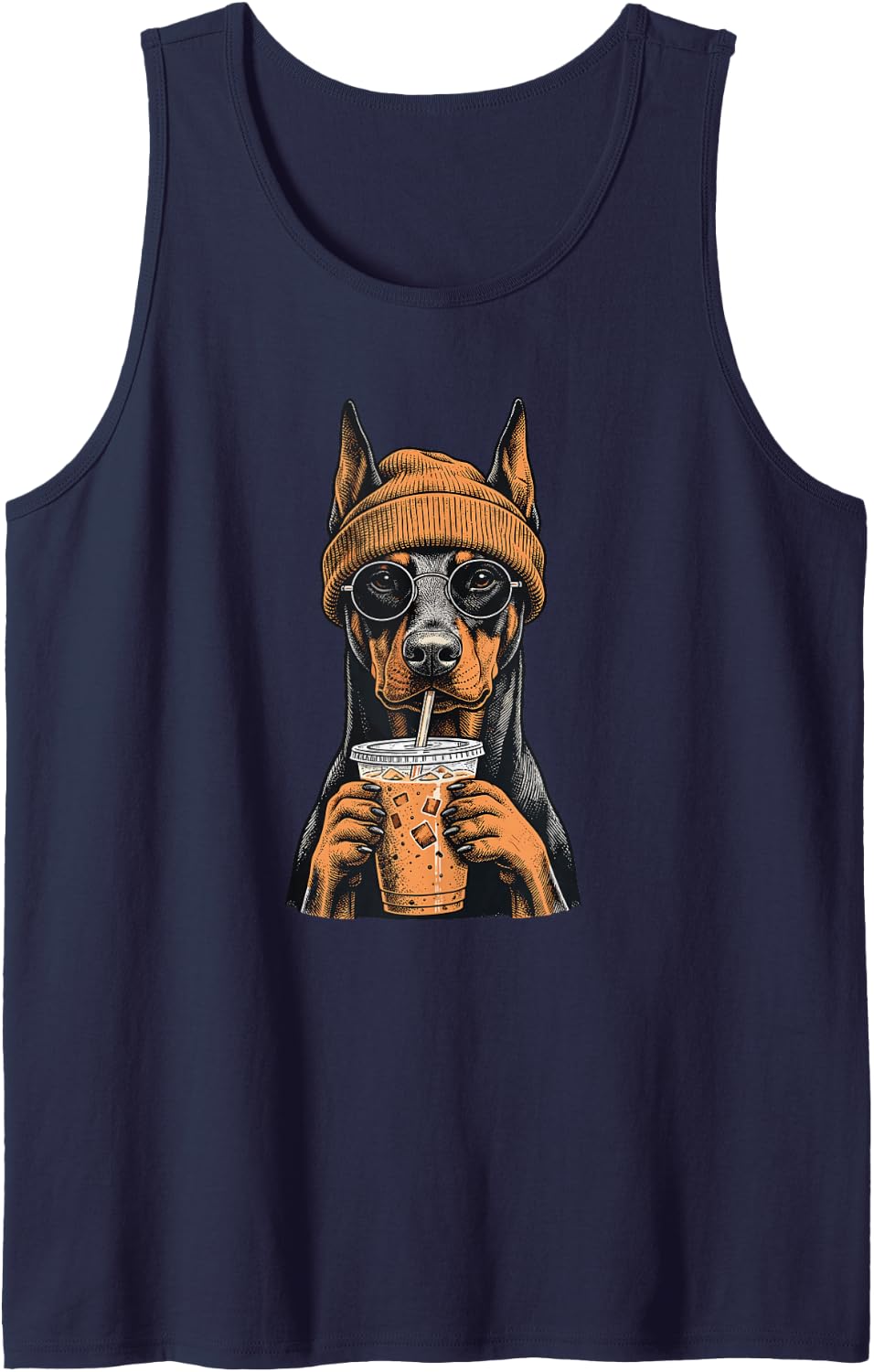 Funny Doberman Hipster Dog Drinking Iced Coffee Sleeveless Tank Top - Navy Blue