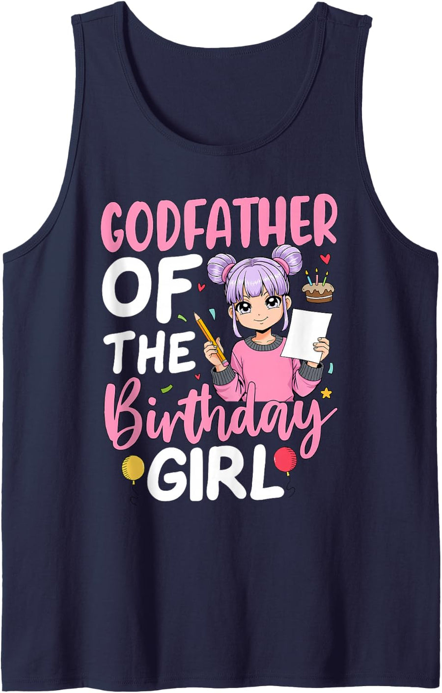 Men's Godfather of The Birthday Girl Anime Sketching Party Sleeveless Tank Top - Navy Blue
