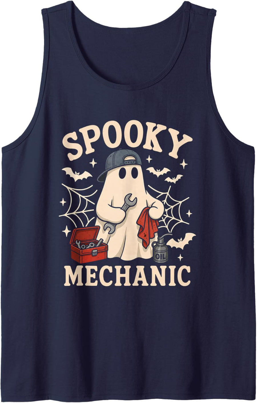 Spooky Mechanic Ghost Funny Halloween Auto Repair Garage Sleeveless Tank Top - Navy Blue
