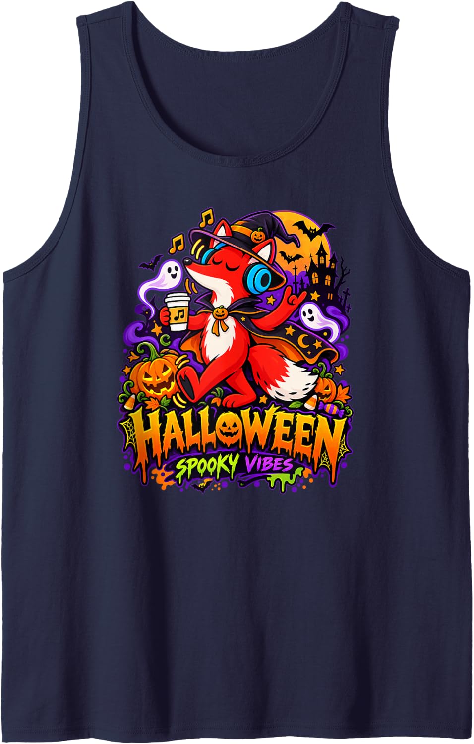 Cute Fox Witch Halloween Pumpkin Ghost Spooky Vibes Sleeveless Tank Top - Navy Blue