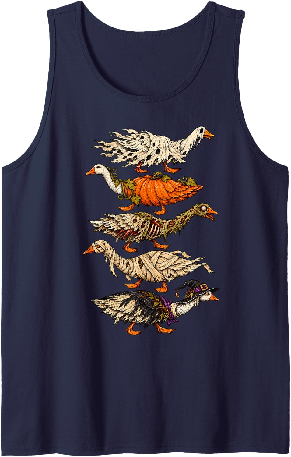Halloween Goose Ghost Pumpkin Zombie Mummy Witch Sleeveless Tank Top - Navy Blue