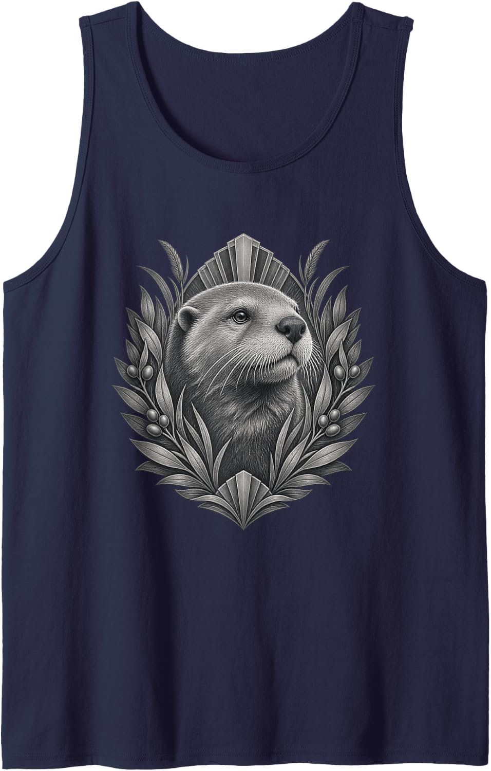 Monochrome Sea Otter with Leaves Berries and Geometric Fans Sleeveless Tank Top - Navy Blue