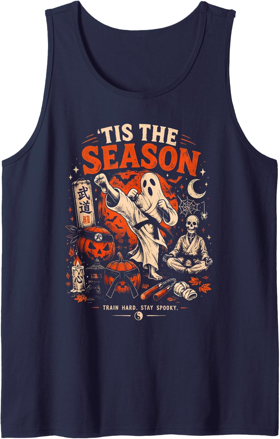 Tis The Season Karate Pumpkin Ghost Martial Arts Halloween Sleeveless Tank Top - Navy Blue