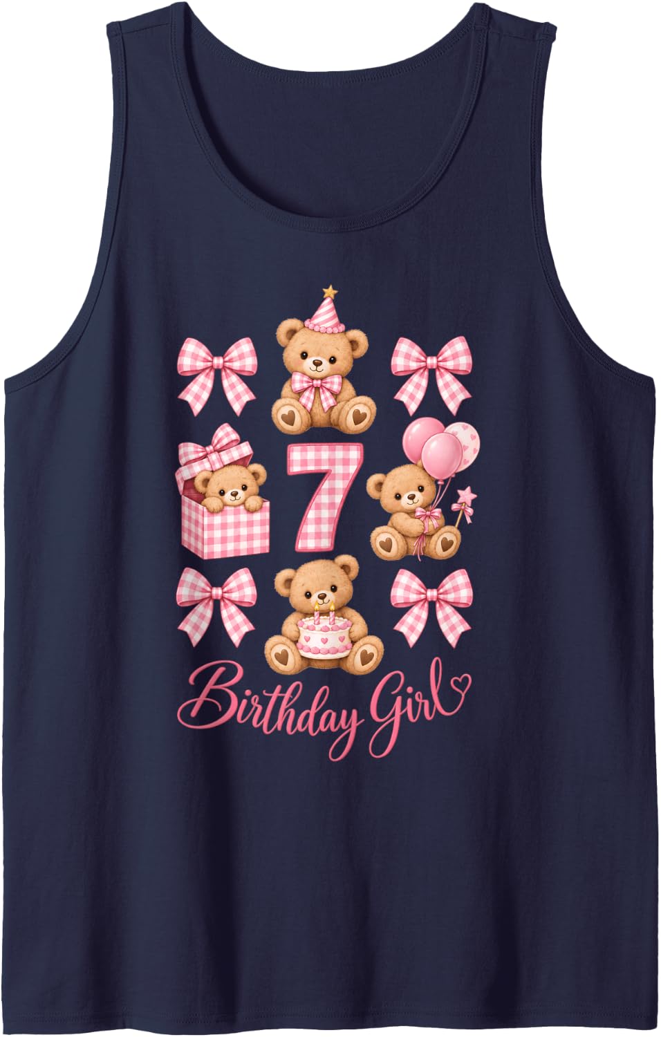 7th Birthday Girl Cute Capybara Bow 7 Years Old Coquette Sleeveless Tank Top - Navy Blue