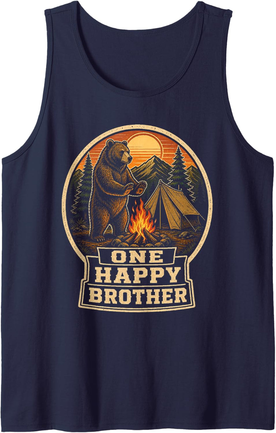 Camping One Happy Brother Funny Camper Crew Bear Badge Sleeveless Tank Top - Navy Blue