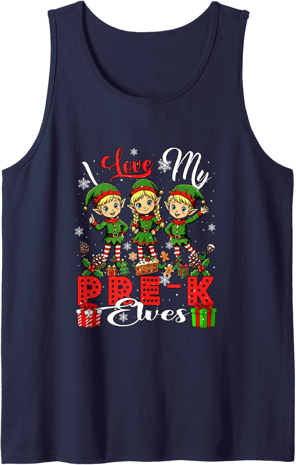Love My Pre-K Elves Christmas Teacher Students Kids Sleeveless Tank Top - Navy Blue