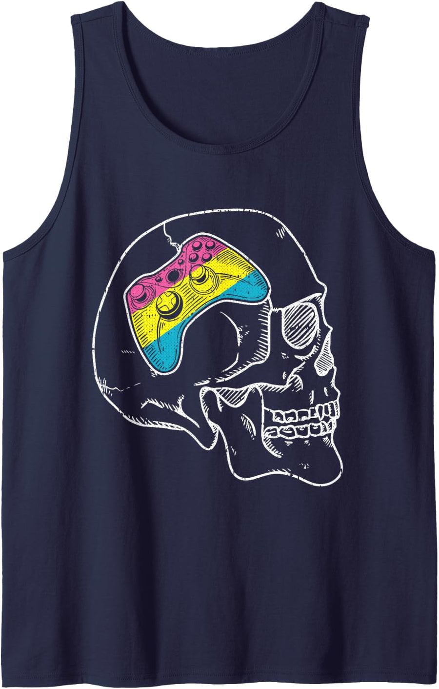 Video-Game Controller Pan-Sexual Pride Skull LGBT-Q Ally Sleeveless Tank Top - Navy Blue