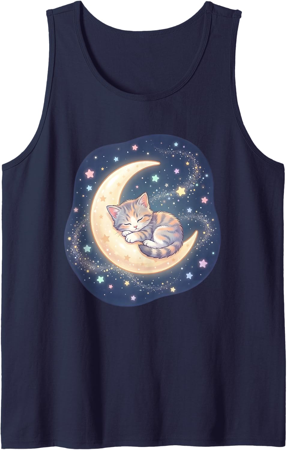 Sleeping Kitten on Crescent Starry Moon Kawaii Cat Lover Tank Top - Navy Blue