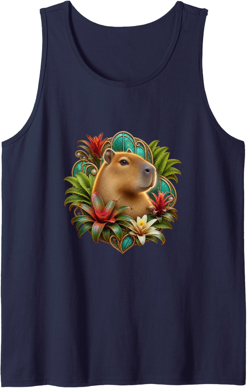 Capybara with Bromeliads and Ferns Sleeveless Tank Top - Navy Blue