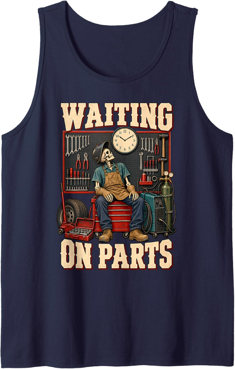 Waiting On Parts Mechanic Welder Skeleton Auto Repair Life Sleeveless Tank Top - Navy Blue