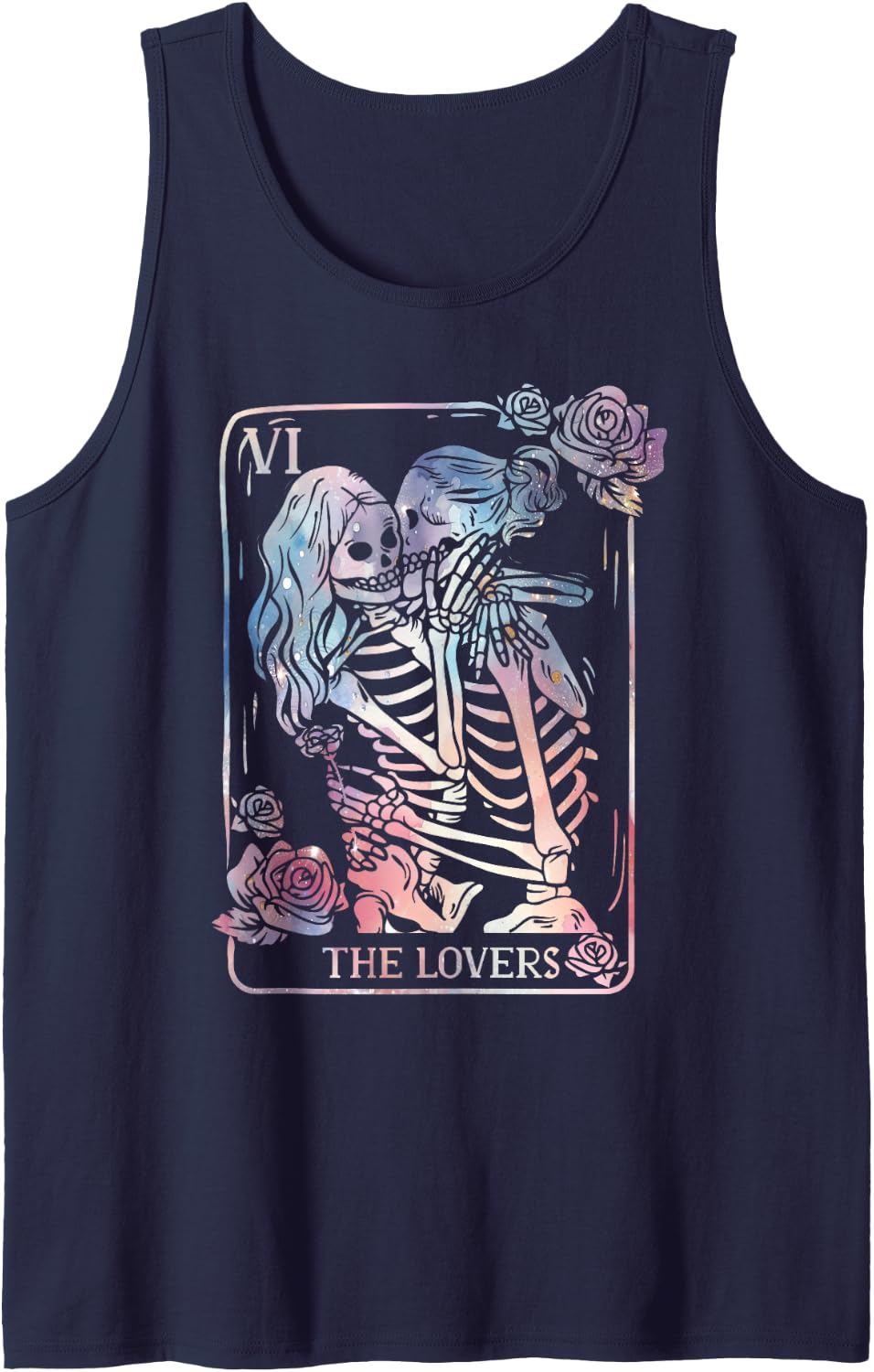The Lovers Tarot Card Kissing Lesbian Soul Sisters Skeletons Tank Top - Navy Blue