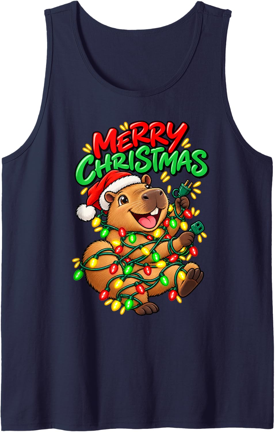 Merry Christmas Happy Capybara Cute Christmas Lights Sleeveless Tank Top - Navy Blue