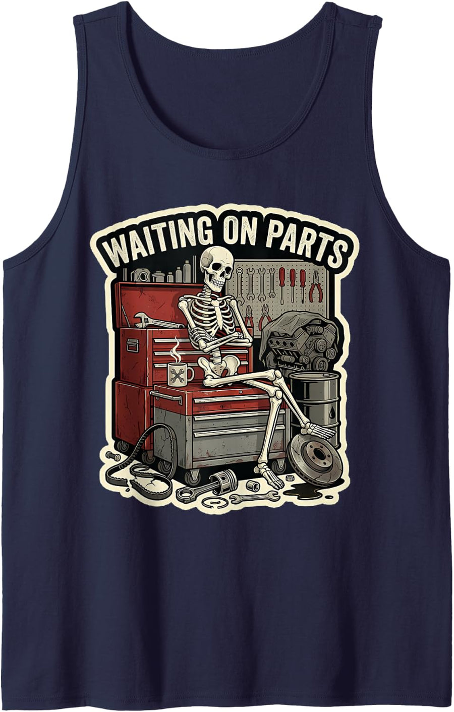 Funny Waiting On Parts Mechanic Skeleton Auto Repair Joke Sleeveless Tank Top - Navy Blue