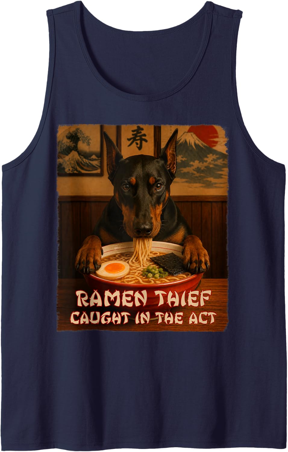 Funny Dog Tee - Doberman Pinscher - Ramen Dog Thief Tank Top - Navy Blue