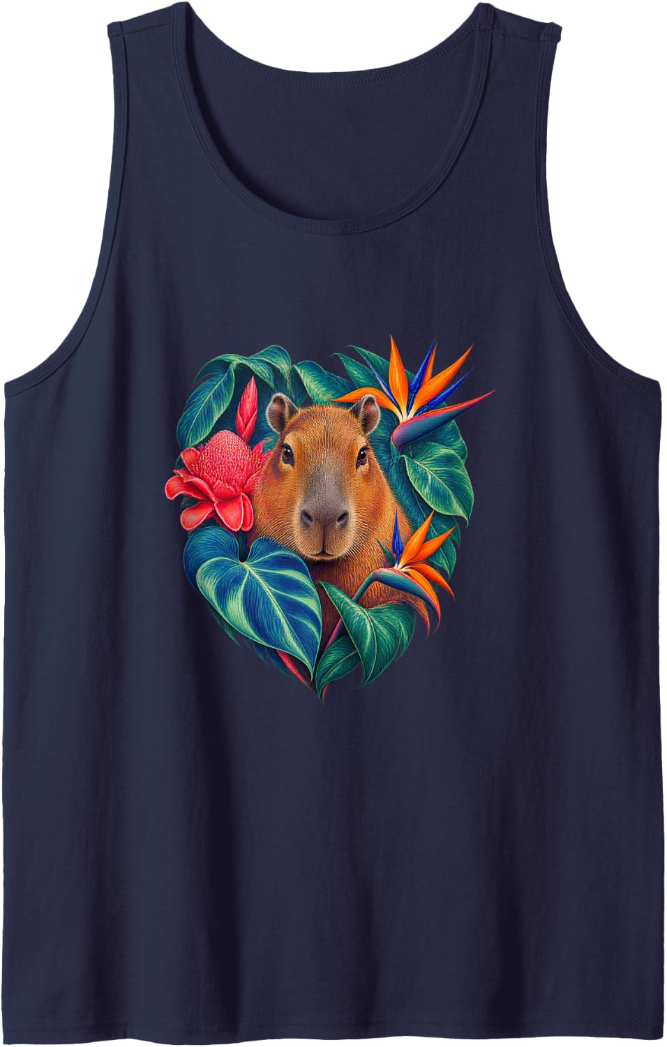 Capybara Philodendron Tropical Botanical Art Sleeveless Tank Top - Navy Blue