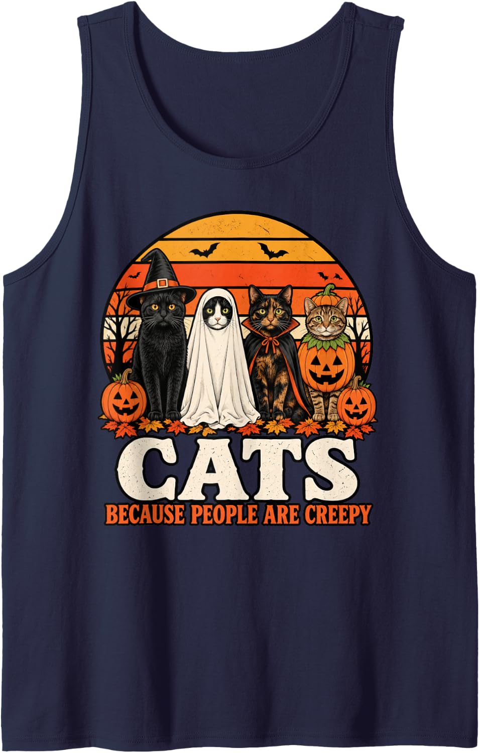 Cats Because People are Creepy Halloween Black Cat Sleeveless Tank Top - Navy Blue
