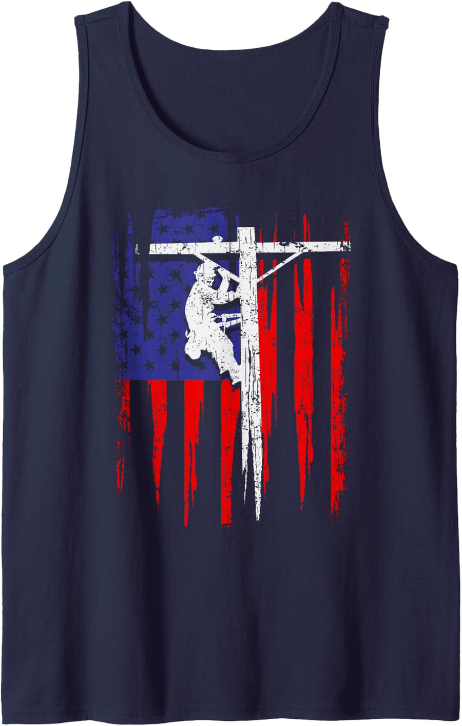 American Flag Linemen Electric Pole Lineman Tower Climber Tank Top - Navy Blue