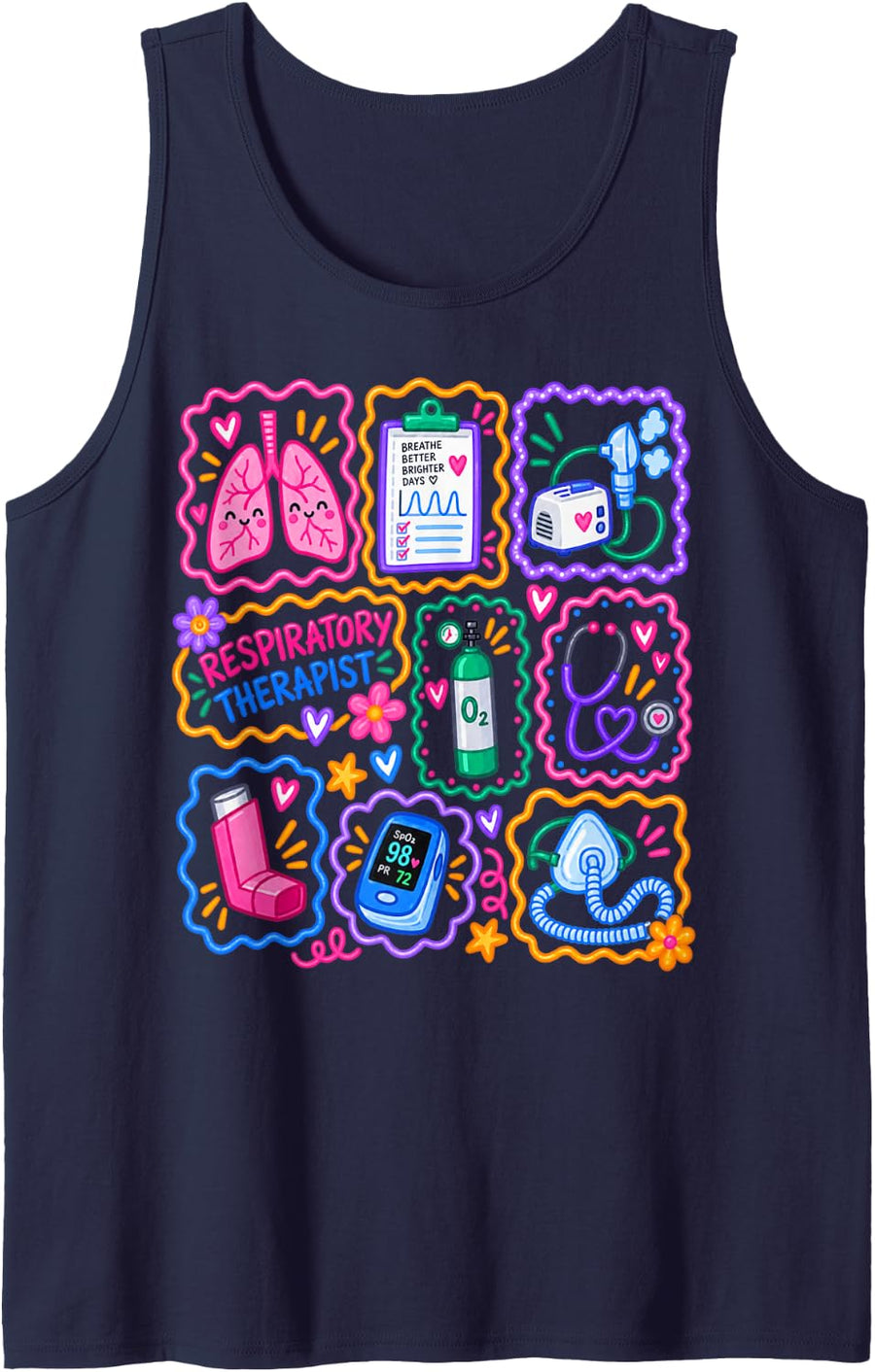 Respiratory Therapist RT Respiratory Care Doodle Patchwork Sleeveless Tank Top - Navy Blue