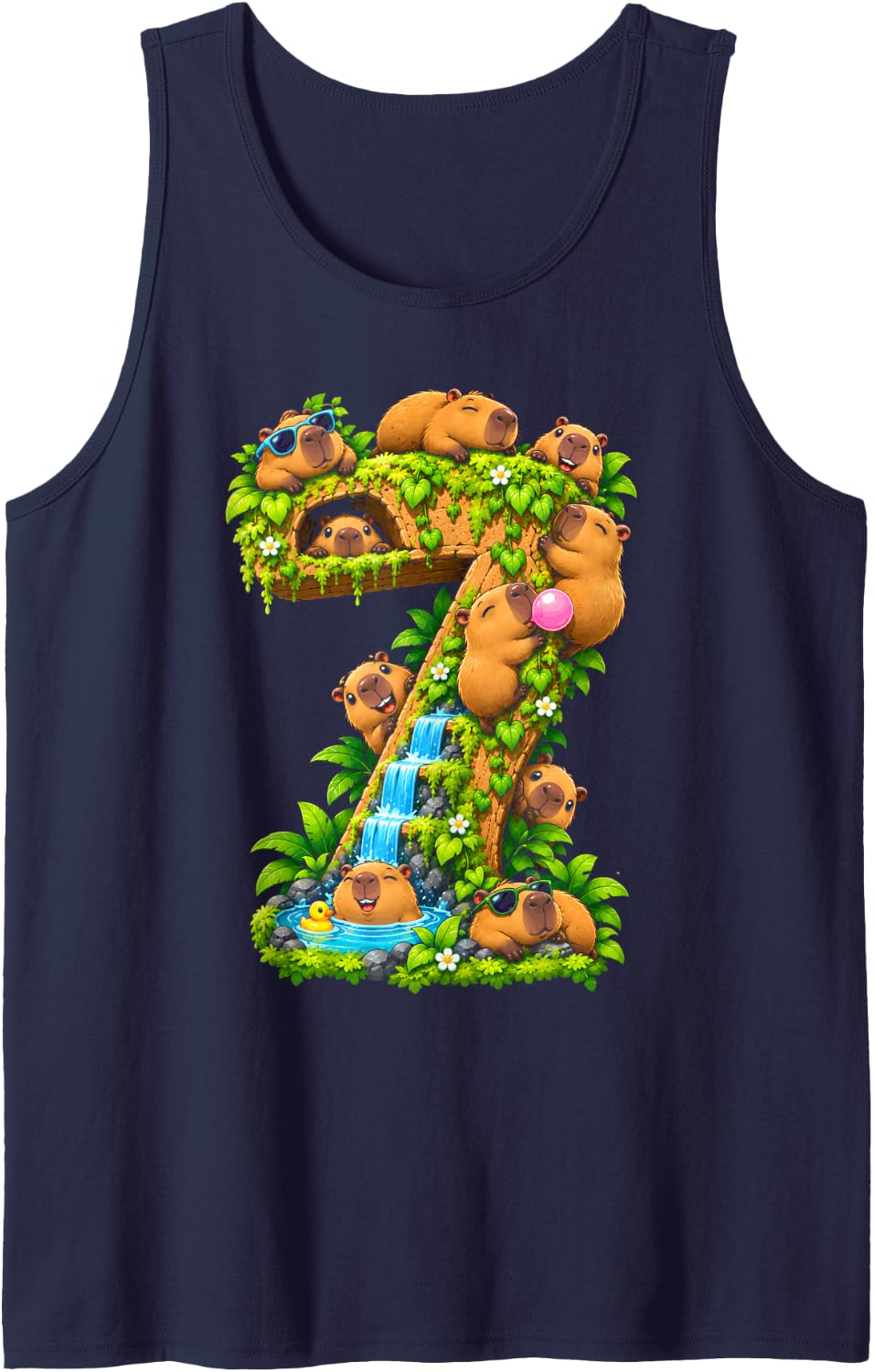 Capybara 7th Birthday Cappy Birthday Funny Capybara Lover Sleeveless Tank Top - Navy Blue