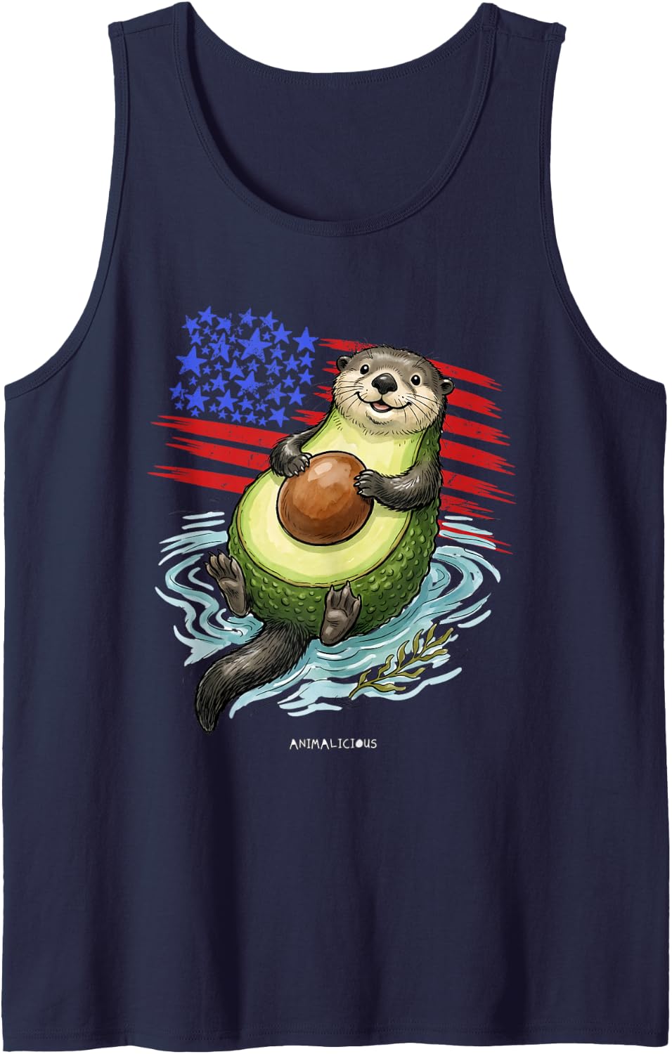 California Funny SEA Otter with Avocado Sleeveless Tank Top - Navy Blue