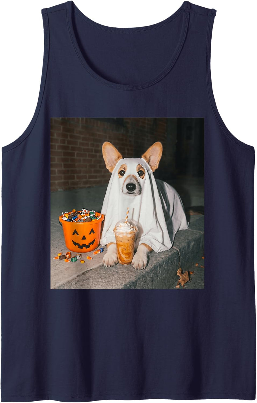 Corgi Ghost Dog Meme Pumpkin Iced Coffee Halloween Tank Top - Navy Blue