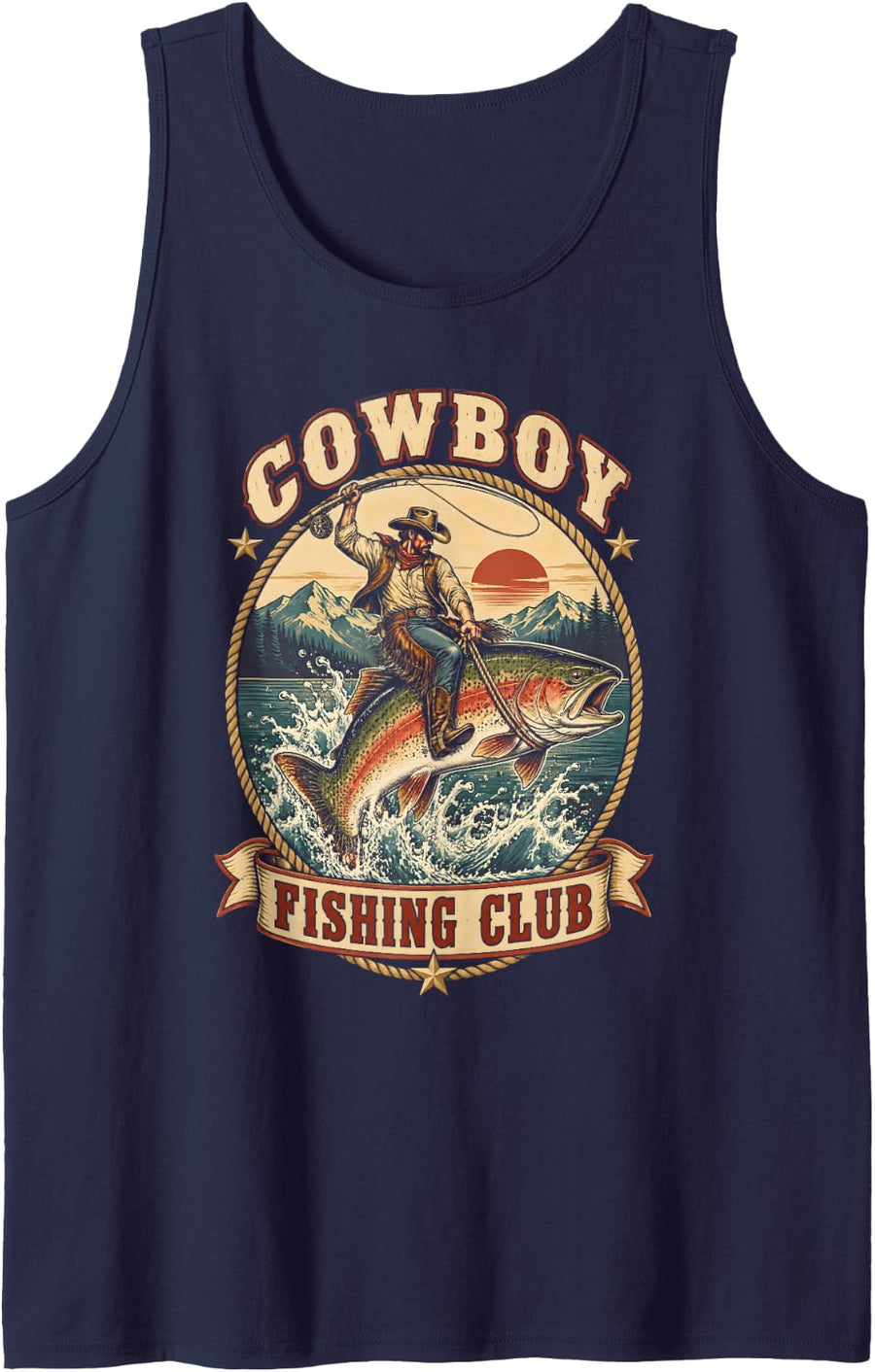 Cowboy Fishing Club Fly Fishing Rainbow Trout Sleeveless Tank Top - Navy Blue