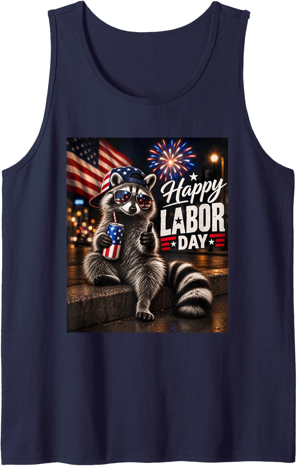 Funny Labor Day Raccoon Patriotic American Worker Holiday Sleeveless Tank Top - Navy Blue