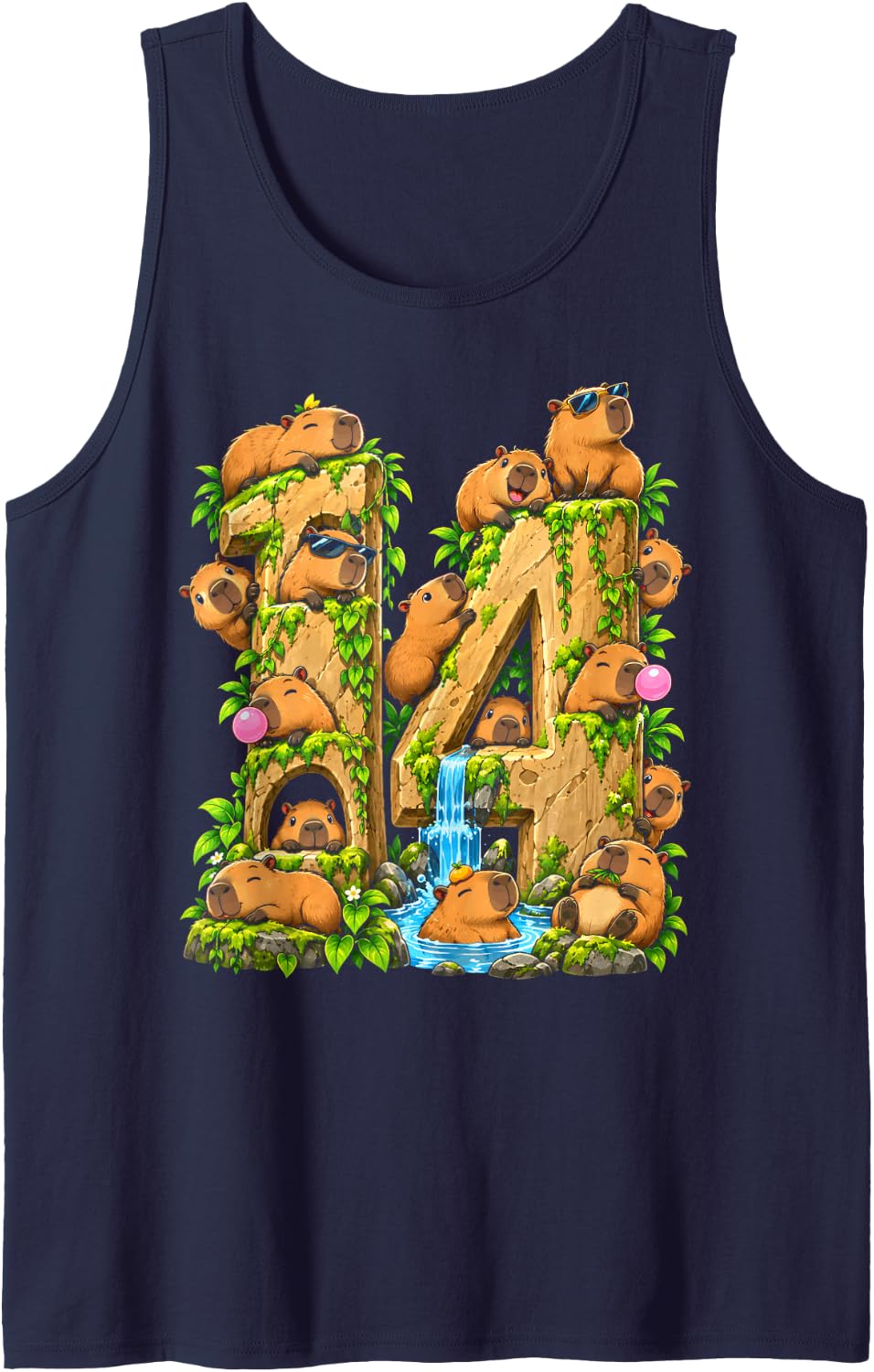 Capybara 14th Birthday Cappy Birthday Funny Capybara Lover Sleeveless Tank Top - Navy Blue