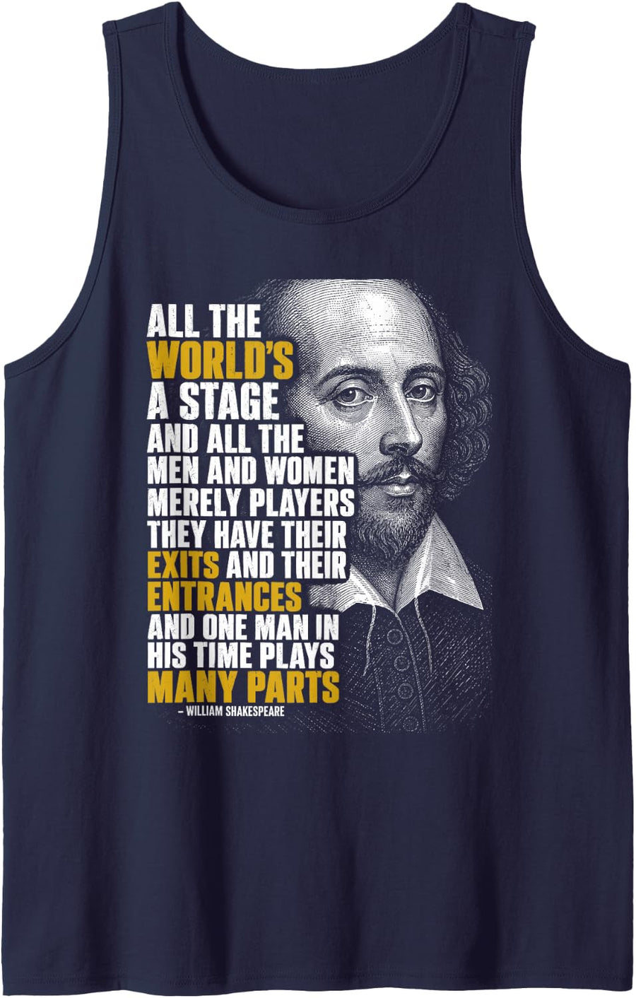 William Shakespeare Inspiring Quote All The World is A Stage Sleeveless Tank Top - Navy Blue