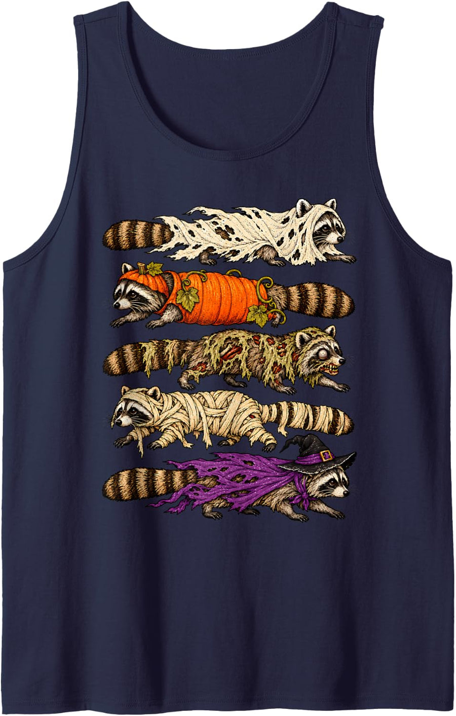 Funny Halloween Raccoon Ghost Pumpkin Zombie Mummy Sleeveless Tank Top - Navy Blue