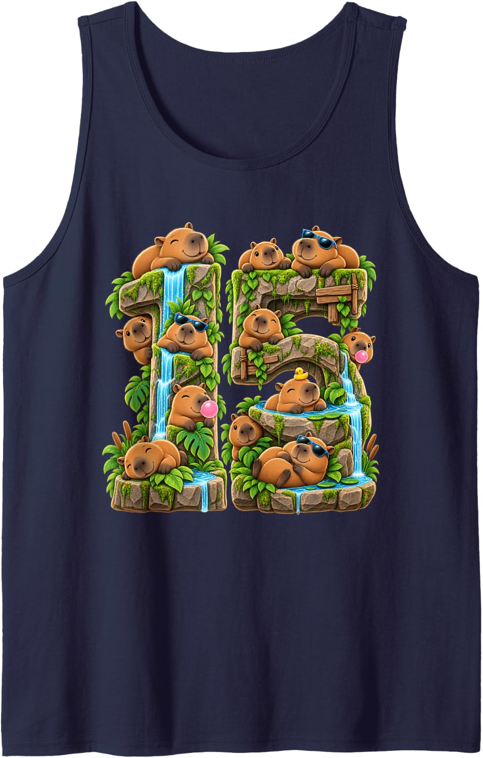 Capybara 15th Birthday Cappy Birthday Funny Capybara Lover Sleeveless Tank Top - Navy Blue
