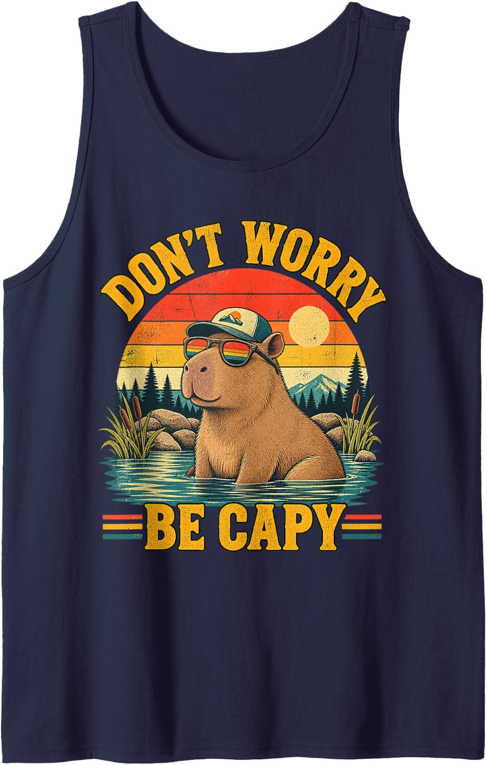 Don't Worry Be Capy Funny Capybara Retro Sunset Sleeveless Tank Top - Navy Blue
